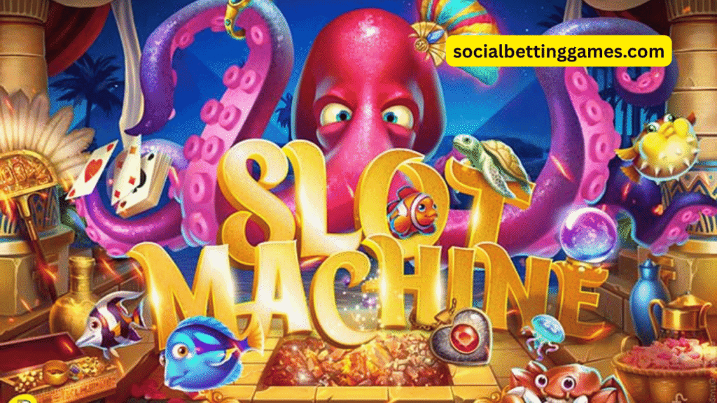 Colorful slot machine with spinning reels and jackpot symbols
